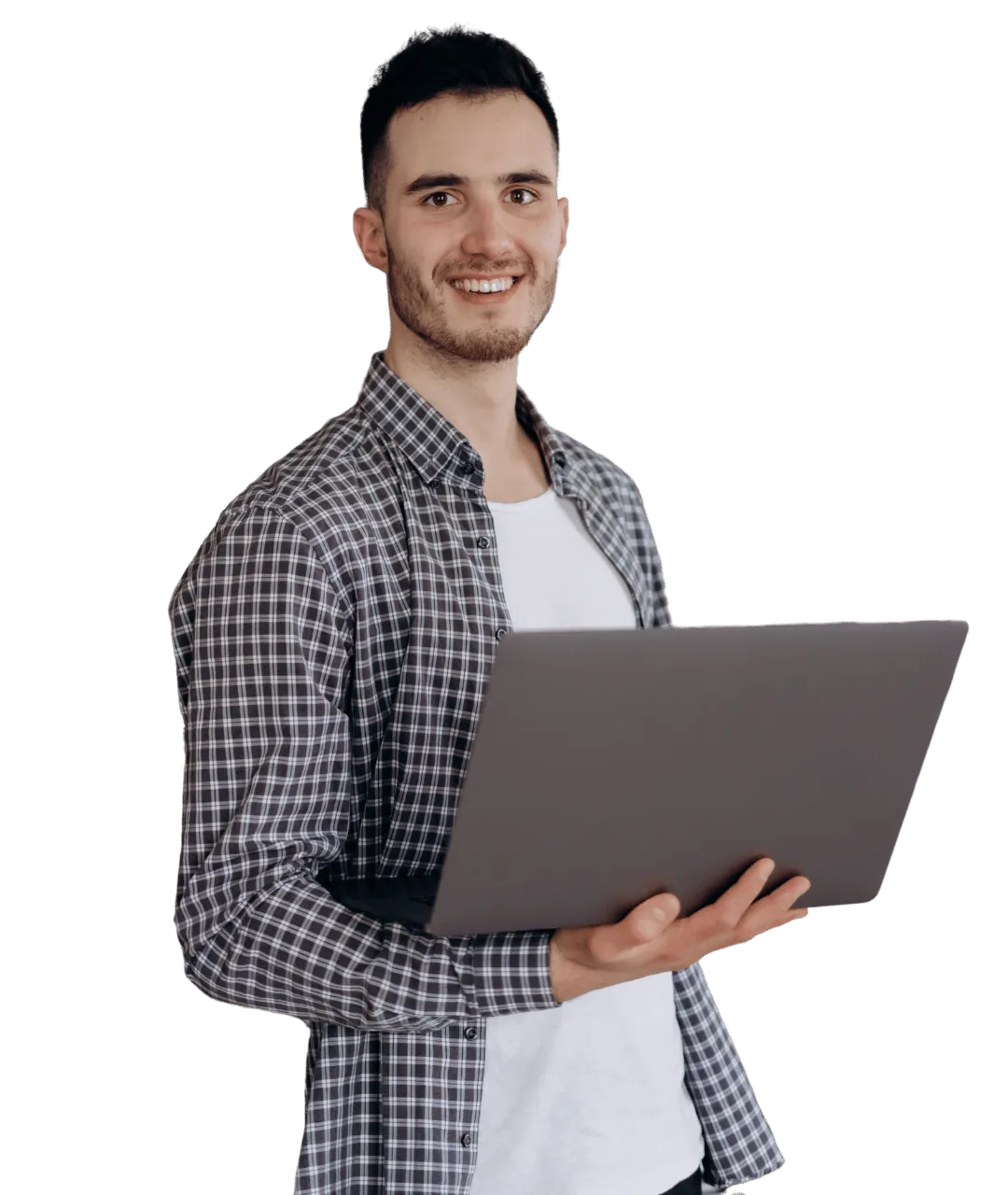 A smiling man holding a laptop, representing a professional taking an online language test